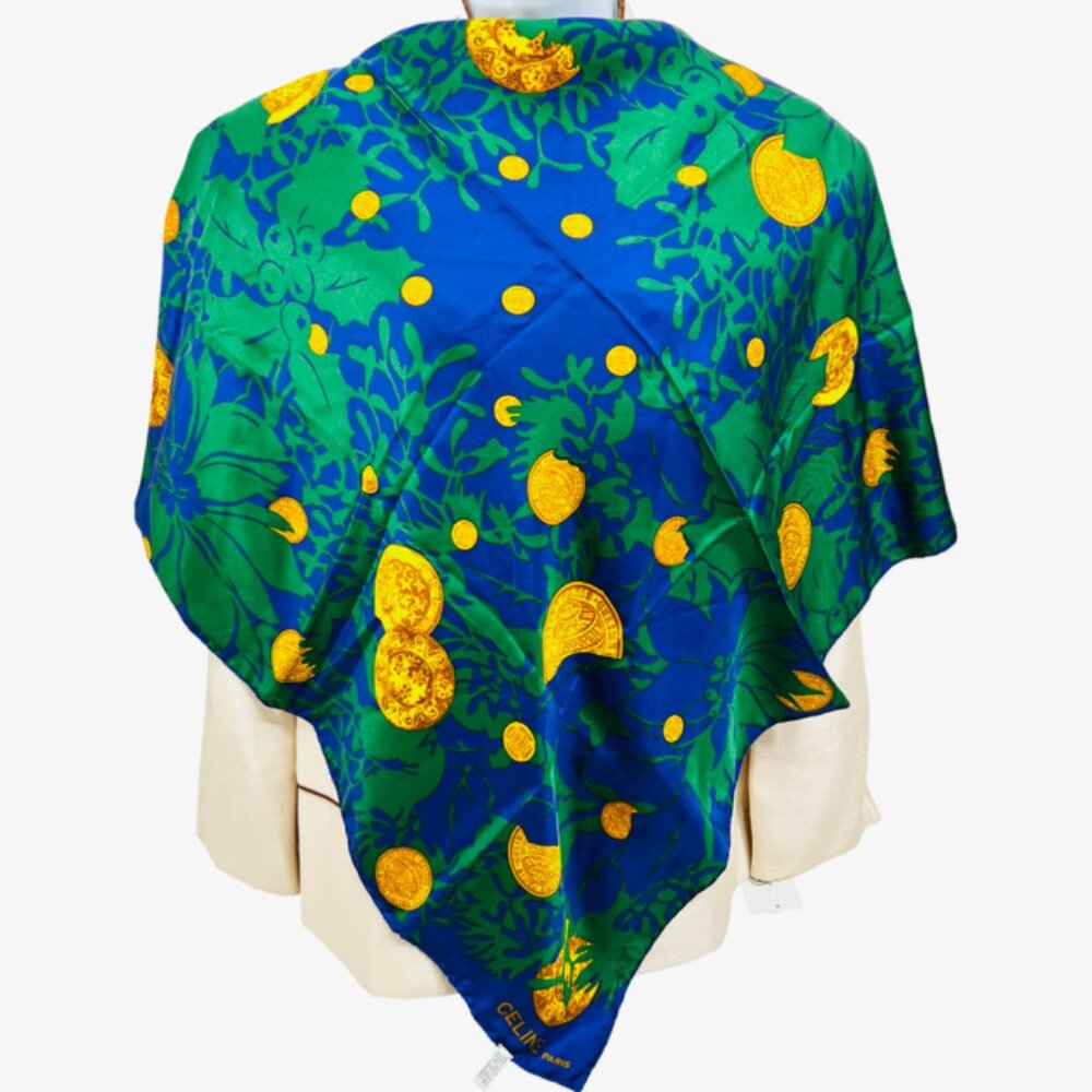 Vgt  Celine Paris 100% Silk Scarf Satin 34"  Green Blue Purple Floral Gold   (38 - Picture 6 of 16